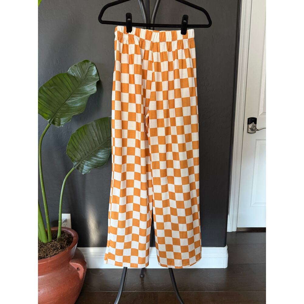 🍊 Orange Checkerboard Wide Leg Pants – Viral TikTok Style – Size S/M